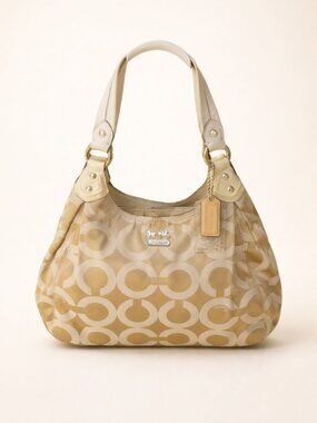 Coach Madison Maggie Shoulder Bag Opt Art Khaki Ivory Patent Trim 14305